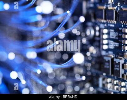 Glasfaserkabel übertragen Daten über elektronische Schaltungen auf einem Laptop. Stockfoto