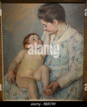 Eine Liebkosung von Mary Stevenson Cassatt, 1891, Pastell auf Papier - New Britain Museum für amerikanische Kunst - DSC 09454. Stockfoto