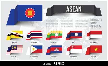 ASEAN. Verband der Südostasiatischen Nationen. Und Mitgliedschaft. floating Papierfahnen Design. Welt Karte Hintergrund. Vektor. Stock Vektor