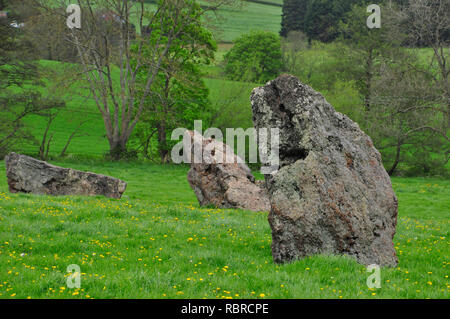 Stanton zeichnete Steinkreise. Es gibt drei Steinkreise in der Nähe des Dorfes Stanton zeichnete in Somerset. Der große Kreis auf 113 Meter. In Dia. Stockfoto