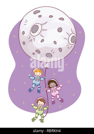 Abbildung: Stickman Kid Astronauten Holding einen Mond Ballon Weltraum Stockfoto