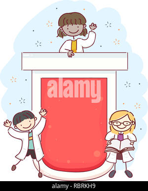 Abbildung: Stickman Kinder tragen weiße Lab Kleid mit einem Reagenzglas mit roter Flüssigkeit im Inneren Stockfoto