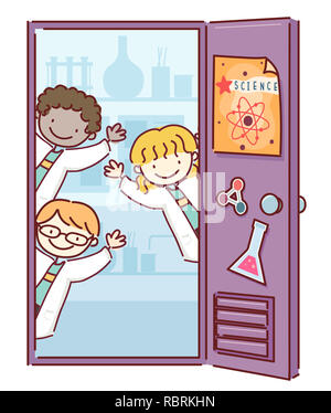 Abbildung: Stickman Kinder tragen weiße Lab Kleid und winkte von der Innenseite der Tür zu ihrer Chemie Labor Stockfoto