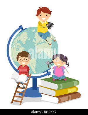 Abbildung: Stickman Kinder mit Büchern und Globus Studium Geographie Stockfoto