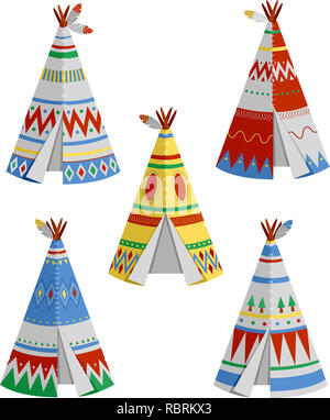 Abbildung verschiedener Teepee Designs in Blau, Rot, Grau, Gelb und Grün Stockfoto