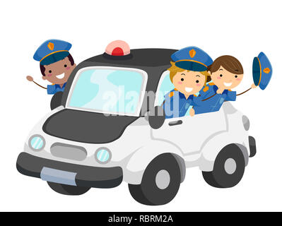 Abbildung: Stickman Kinder tragen Polizei Uniform, ein Polizeiauto Stockfoto