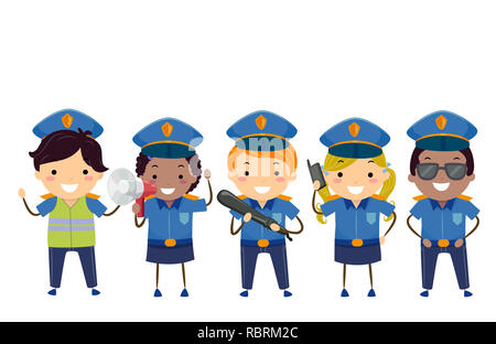 Abbildung: Stickman Kinder tragen Polizei Kostüm mit Megafon, Baton und Radio Stockfoto