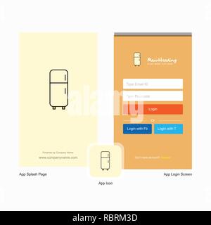 Unternehmen Kühlschrank Startbildschirm und Login Seite Design mit Logo Vorlage. Mobile Online Business Template Stock Vektor