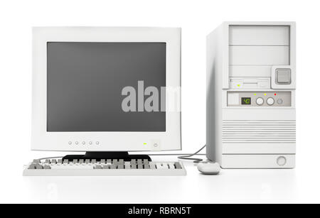 Generische Vintage 90's style Computer auf weißem Hintergrund. 3D-Darstellung. Stockfoto