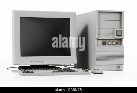 Generische Vintage 90's style Computer auf weißem Hintergrund. 3D-Darstellung. Stockfoto