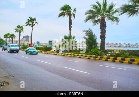 ALEXANDRIA, Ägypten - Dezember 19, 2018: Die üppige hohen Palmen in Corniche Avenue wachsen, entlang der Mittelmeerküste von der Stadt, auf Deze Stockfoto