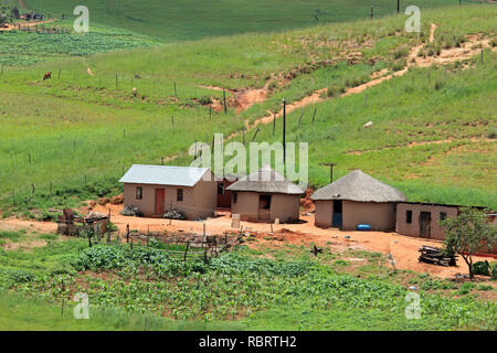 Kleine ländliche Siedlung im bergigen Grasland, KwaZulu-Natal, Südafrika Stockfoto