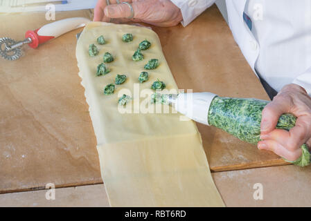 Italienische Pasta, Vorbereitung von Tortelli mit Spinat und Ricotta Stockfoto