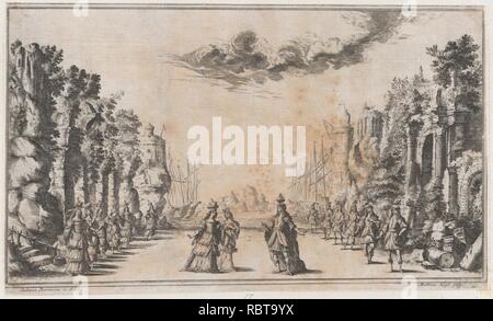 Ein Mann und zwei Frauen im Zentrum unterhalten; junge Männer stehen auf der rechten Seite und junge Frauen zu Ihrer Linken; Schiffe in der Ferne; Entwurf von 'Il Pomo D'Oro Stockfoto