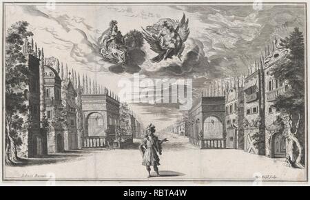 Ein Mann steht in der Mitte, durch Reihen von Gebäuden flankiert; oben Jupiter auf der Spitze ein Adler und Juno durch ein Pfau, Converse unter den Wolken begleitet; Entwurf von 'Il Pomo D'Oro Stockfoto