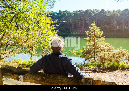 Zurück junge Mann sitzen und entspannen auf der Bank in der Nähe des Wald See während der sonnigen Tag anzuzeigen. Outdoor Lifestyle. Ruhe und Einheit mit der Natur. Selektive Stockfoto