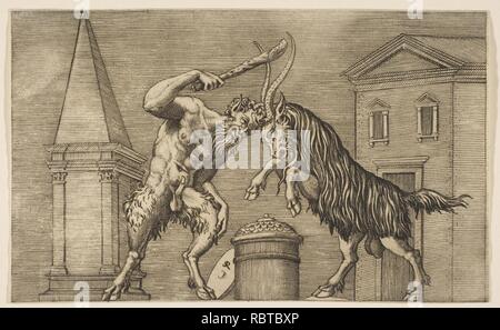 Ein Satyr und ein Ram angreifen, der Satyr weilding ein Club mit seiner rechten Hand, ein Schild, daß der Gleitstift gegen eine kleine Säule in der Mitte, die Gebäude im Hintergrund Stockfoto