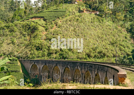 Die berühmten Geschwungenen 9 Bögen Eisenbahnbrücke mit leeren Tracks auf die Ella nach Kandy, Sri Lanka. Stockfoto