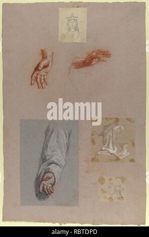 A. in Händen von Saint Remi (untere Register); b. Kopf von Saint Clotilde (obere Register); c. Kopf von Saint Clotilde (untere Register); d. Kopf eines Engels (obere Register); e. Hand und Hülse von Saint Remi Stockfoto