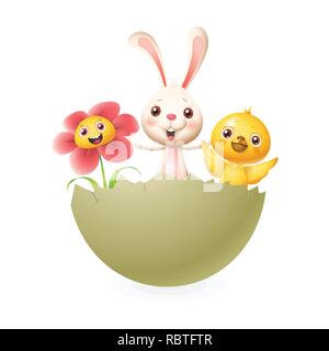 Hase Huhn und Blume Feiern Sie das Osterfest in geschlüpfte Ei-Vector Illustration auf weißem Hintergrund Stock Vektor