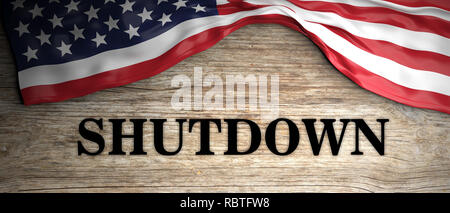 US-Regierung herunterfahren. Shutdown text und US-Flagge auf Holz- Hintergrund. 3D-Darstellung Stockfoto