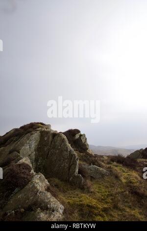 Heidekraut und Adlerfarn moorland typisch für den Norden von England und Schottland, speziell im Lake District, Cumbria. Nebel in der Ferne auf dieser ea Stockfoto