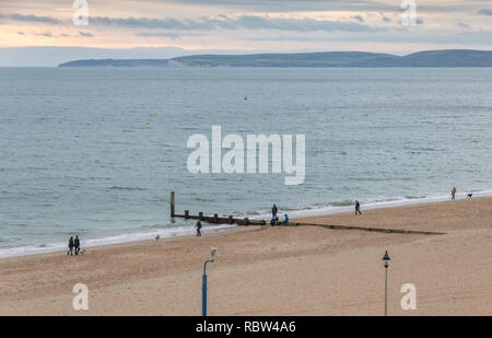 Bournemouth, Dorset, Großbritannien. 12. Januar 2019. Hund Wanderer warm ihre Hunde am Strand in Bournemouth an einem Wintertag. Quelle: Thomas Faull/Alamy leben Nachrichten Stockfoto