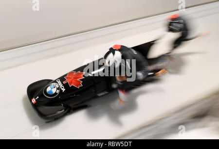 Schönau am Königssee, Bayern, Deutschland. 12. Januar 2019. Zwei-mann Bob, Männer, Kunsteisbahn am Königssee: Kanadische Bob Reiter Kripps Justin und Cameron Steine am Start. Foto: Tobias Hase/dpa Stockfoto