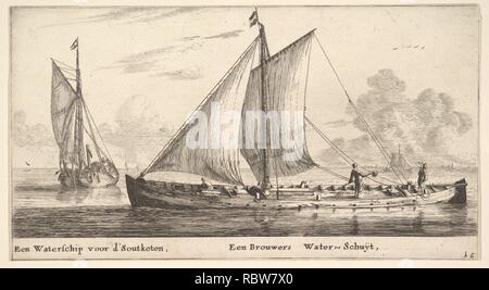 381307 Artist: Reinier Nooms, genannt Zeeman, Niederländisch, Amsterdam Ca. 1623?1664 Amsterdam, ein watership Tragen von Wasser mit Salz funktioniert und eine weitere, die Wasser für die Brauereien, 17. Jahrhundert, das Ätzen; zweite Zustand, Blatt: 5 1/4 x 9 3/4 in. (13,3 x 24,7 cm). Stockfoto