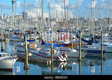 Helle Farben der Boote und ihre Leinwand deckt in der Westhaven Marina mit Auckland City Center im Hintergrund. Stockfoto