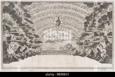 700476 eine weibliche Figur in Herrlichkeit in der Mitte, durch das Verbrennen von Felsen umgeben; unten Cupid segeln auf einem brennenden Wagen; Entwurf von 'Il Pomo D'Oro Stockfoto