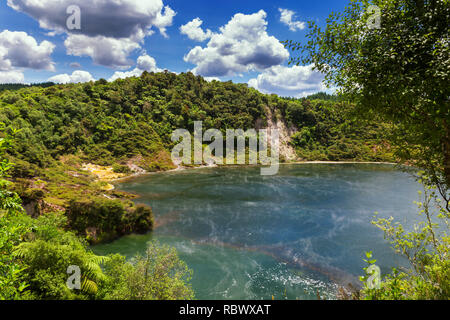 Frying Pan See Ansicht mit Dampf in das Vulkantal Waimangu Park in Rotorua, Neuseeland Stockfoto