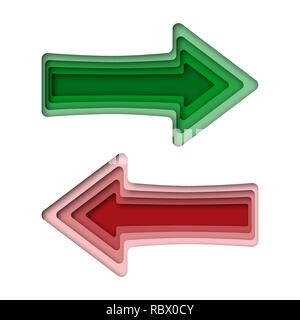 Pfeile in Papier schneiden Stil. Vector Illustration. Grüner Pfeil rechts und links roter Pfeil, isoliert Stock Vektor