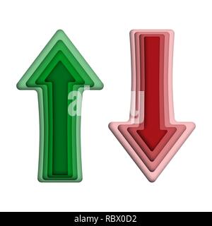 Pfeile in Papier schneiden Stil. Vector Illustration. Grün roter Pfeil nach oben und Pfeil nach unten, isoliert Stock Vektor