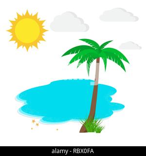 Meer und Strand mit Palmen in flacher Ausführung. Vector Illustration. Reisen oder Urlaub Konzept Stock Vektor
