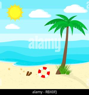 Meer und Strand mit Palmen in flacher Ausführung. Vector Illustration. Reisen oder Urlaub Konzept Stock Vektor