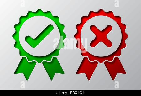 Papier Kunst von den grünen Haken und rotes Kreuz. Vector Illustration. Genehmigt und Symbole ablehnen ist aus Papier geschnitten. Stock Vektor
