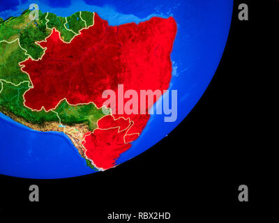 Mitglieder des Mercosur auf dem Planeten Erde mit Ländergrenzen und sehr detaillierte Planeten Oberfläche. 3D-Darstellung. Elemente dieses Bild von der NASA eingerichtet. Stockfoto