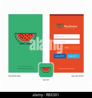 Unternehmen Water Melon Splash Screen und Login Seite Design mit Logo Vorlage. Mobile Online Business Template Stock Vektor