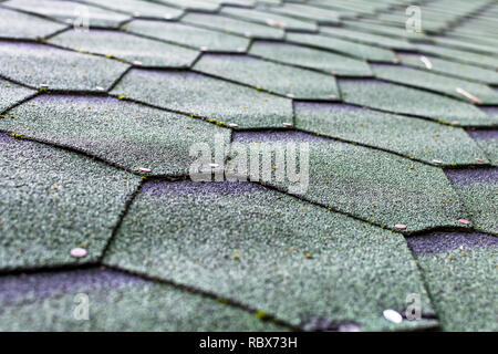 Fragment des grünen Schindel Fliese Textur Dach für Hintergrund. Closeup detail. Flexible weiche bebauten bituminöse Dachbahnen. Stockfoto