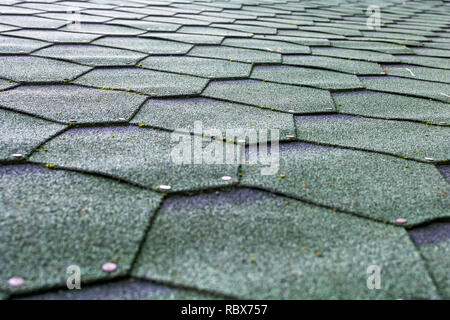 Fragment des grünen Schindel Fliese Textur Dach für Hintergrund. Closeup detail. Flexible weiche bebauten bituminöse Dachbahnen. Stockfoto