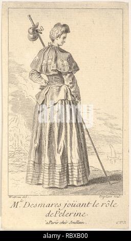 399564 Schauspielerin Charlotte Desmares spielen die Rolle eines Pilgers, dargestellt von hinten mit dem Kopf nach rechts gedreht wird, hält sie ein Spazierstock, Jakobsmuscheln ihr Kap schmücken Stockfoto