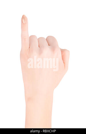 Frau Hand zeigen wenig Finger mit golden glitzerte Nagellack. Auf weißen, Beschneidungspfade getrennt ausgewiesen Stockfoto