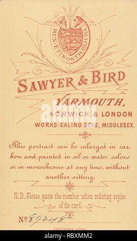 Viktorianische Werbung CDV (Carte de Visite) zeigen die Illustration und Kalligraphie von Sawyer & Vogel, Yarmouth, Norfolk. Stockfoto
