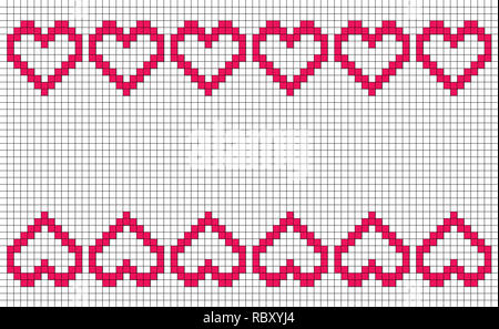 Patchwork oder Cross Stitch pattern mit sechs Herzen in einer Reihe Mirroring oben und unten, mit Kopie Raum und weißem Hintergrund Stockfoto