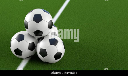 Fußball-Pyramide auf einem Fußballfeld - 3D-Rendering Stockfoto
