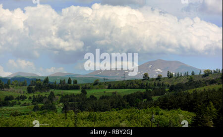 Berge in der Sommersaison. Grüne Wiesen bei Nebel. Berge und grüne Bäume unter dem Trüben, blauer Himmel. Natürliche Hintergrund Stockfoto