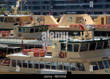 Sydney Ferries liegen am Circular Quay Terminal im Hafen von Sydney an, einschließlich der First Fleet Class, Sirius und der Freshwater Class Fähre, Collaroy Stockfoto