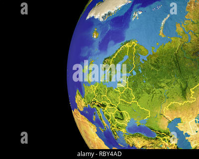 Sat-Blick auf Europa aus dem Weltraum mit Ländergrenzen. Sehr detaillierte Planeten Oberfläche und blaue Ozeane. 3D-Darstellung. Elemente dieses Bild furnis Stockfoto