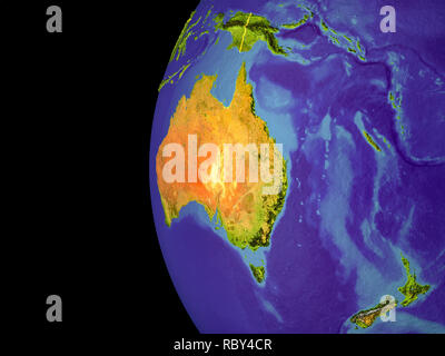 Satellitenansicht von Australien aus dem Weltraum mit Ländergrenzen. Sehr detaillierte Planeten Oberfläche und blaue Ozeane. 3D-Darstellung. Elemente dieses Bild Fell Stockfoto